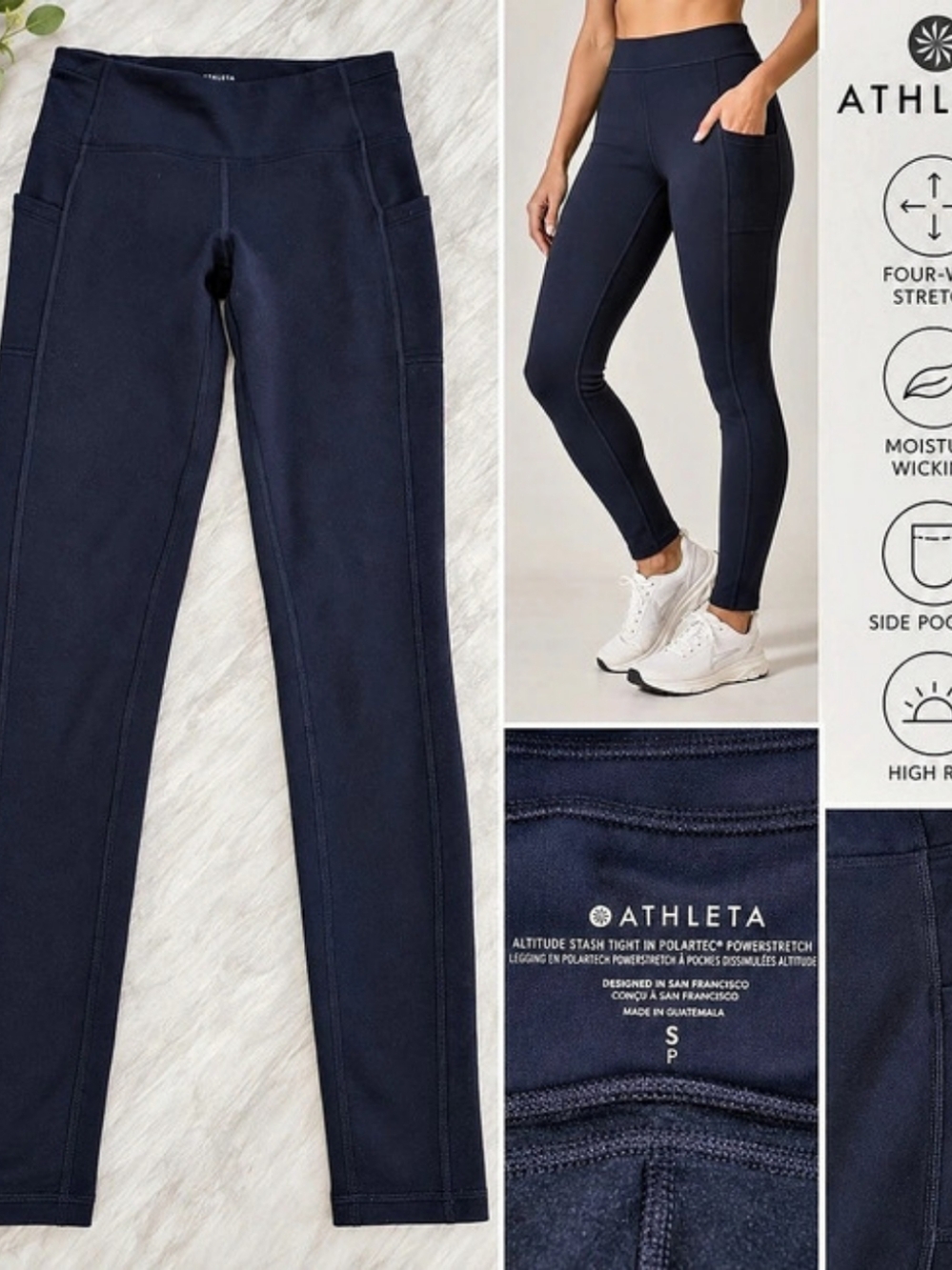 Athleta Altitude Tight Leggings Navy Blue Polartec PowerStretch Side Pockets--S